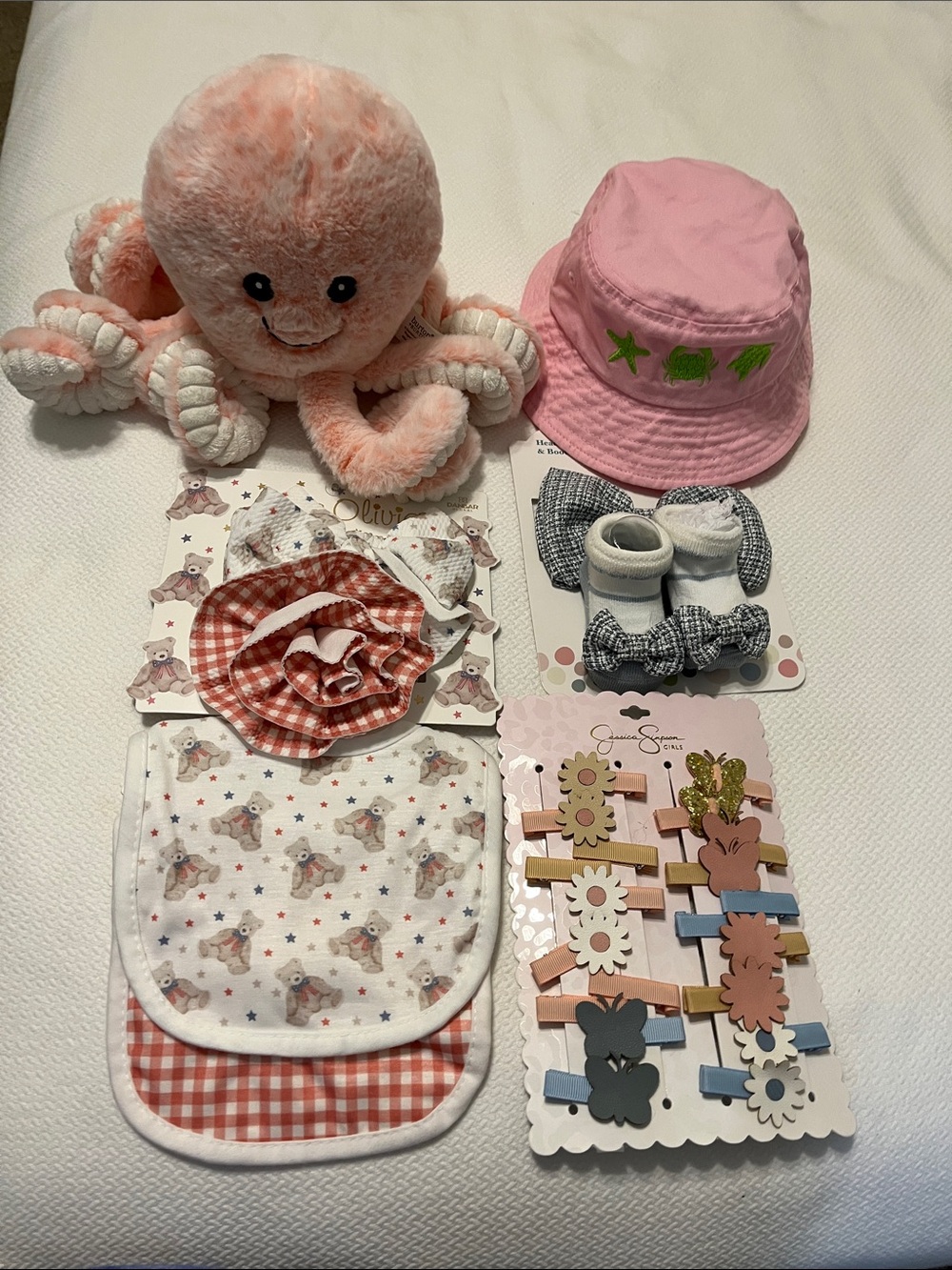 Baby Girl Bundle:Plush Octopus, Panama Jack hat,Bibs,Headbands, Socks,Hair Clips